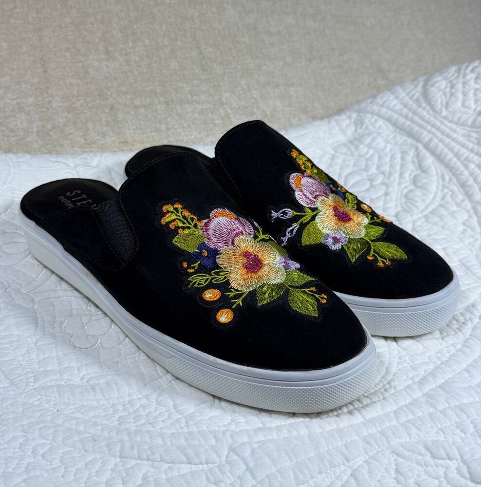 Steven Natural Comfort Women 10N Black Lora Floral Embroidered Mule Shoes Casual